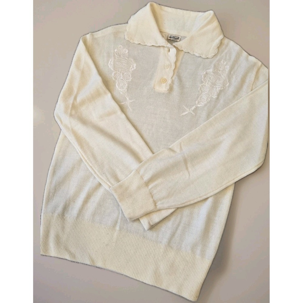 Vintage 90s Roamans Ivory Embroidered Sweater Cottagecore Old Money‎ Preppy M